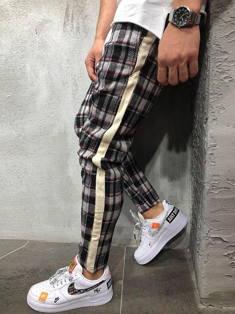 Pencil Pants Plaid Lace-up Mid Waist Mens Casual Pants