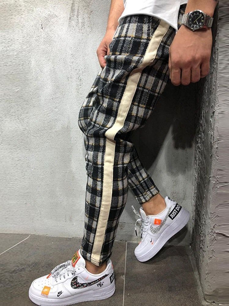 Pencil Pants Plaid Lace-up Mid Waist Mens Casual Pants