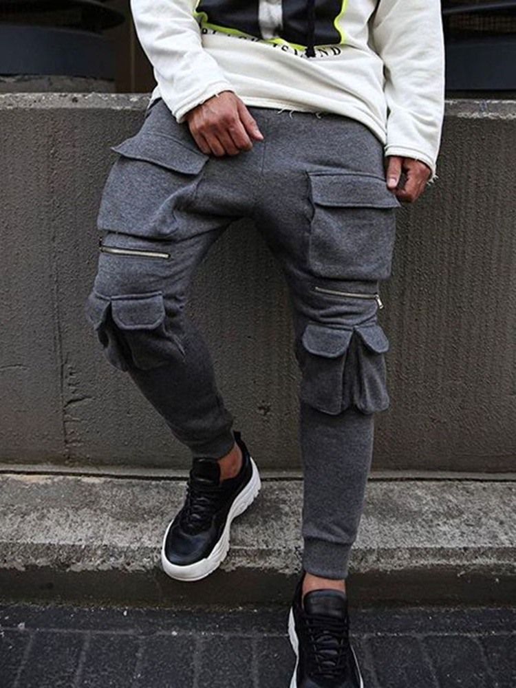 Pencil Pants Pocket Plain Hip Hop Men's Byxor