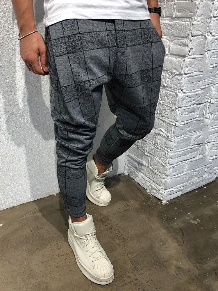 Pencil Plaid Print Mid Waist Style Herrbyxor