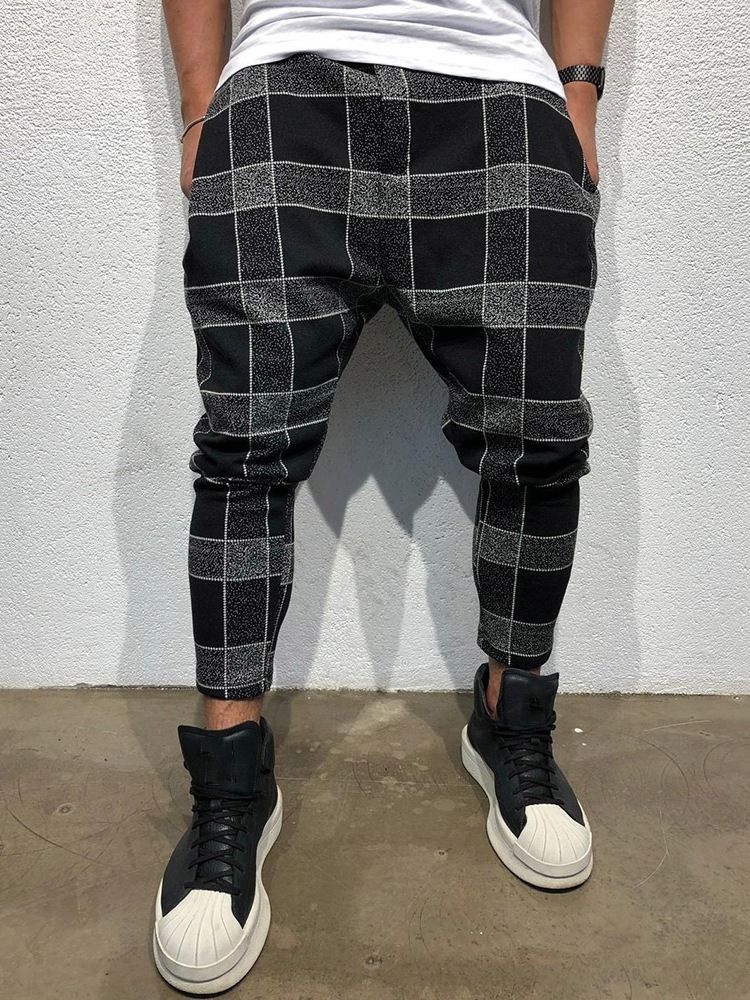 Pencil Plaid Print Mid Waist Style Herrbyxor