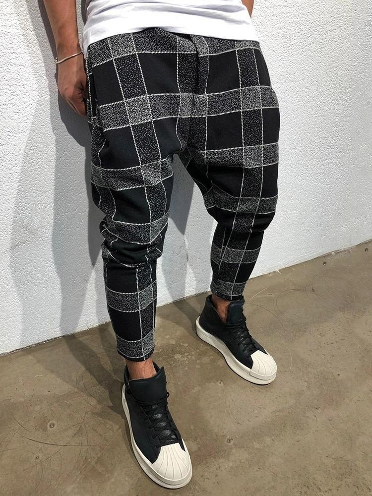 Pencil Plaid Print Mid Waist Style Herrbyxor