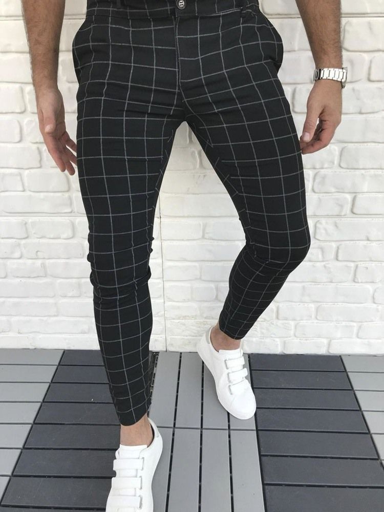 Plaid Pencil Pants För Män Blixtlås Four Seasons Casual Pants