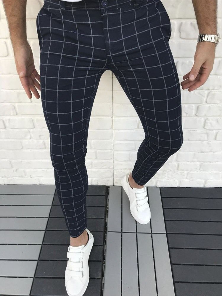 Plaid Pencil Pants För Män Blixtlås Four Seasons Casual Pants