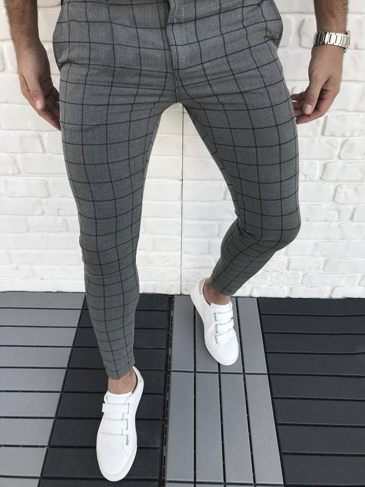 Plaid Pencil Pants För Män Blixtlås Four Seasons Casual Pants