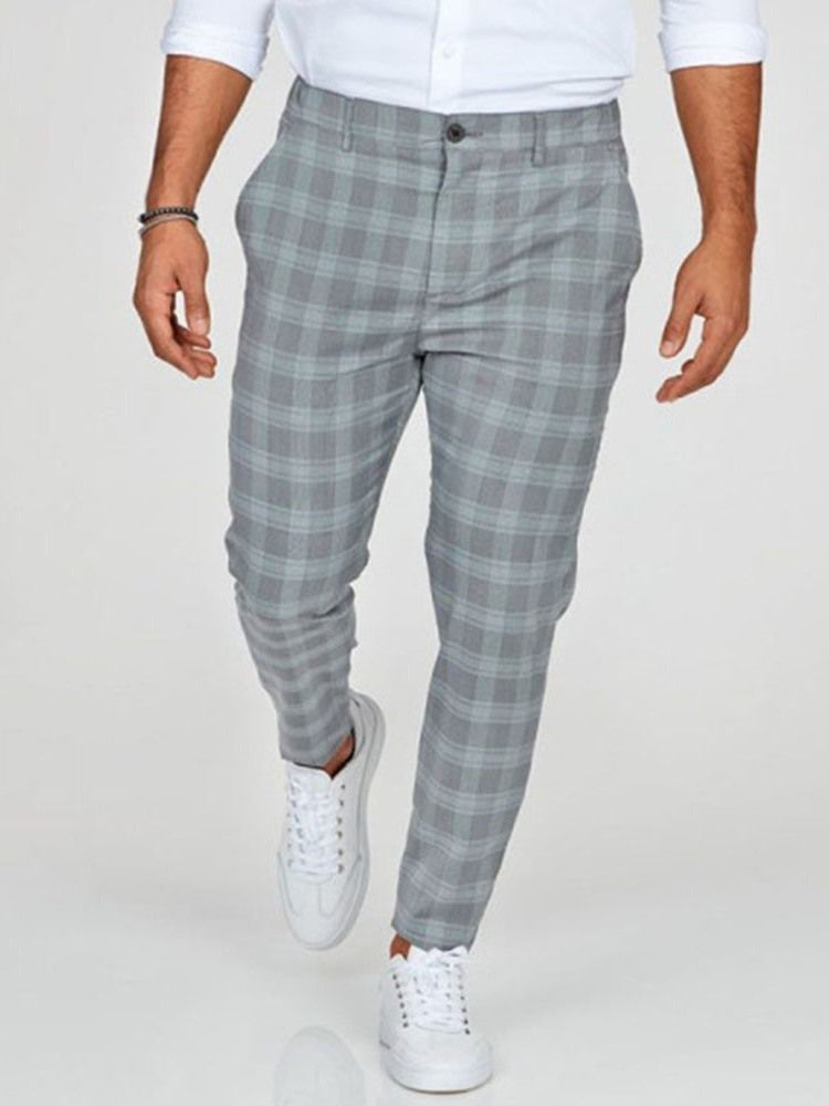 Plaid Pencil Pants För Män Mid Waist Zipper Casual Pants