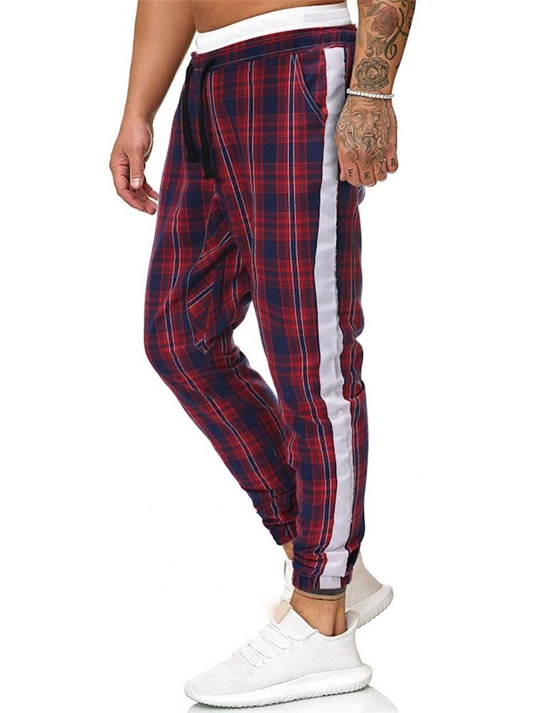 Plaid Print Mid Waist Men's Casual Byxor