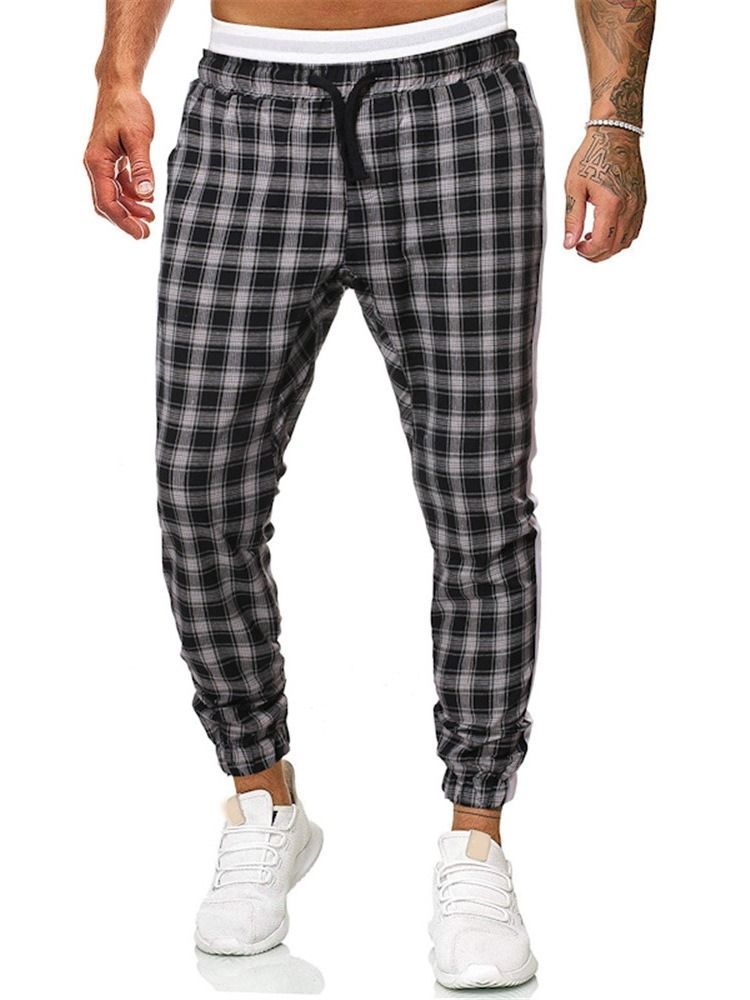 Plaid Print Mid Waist Men's Casual Byxor