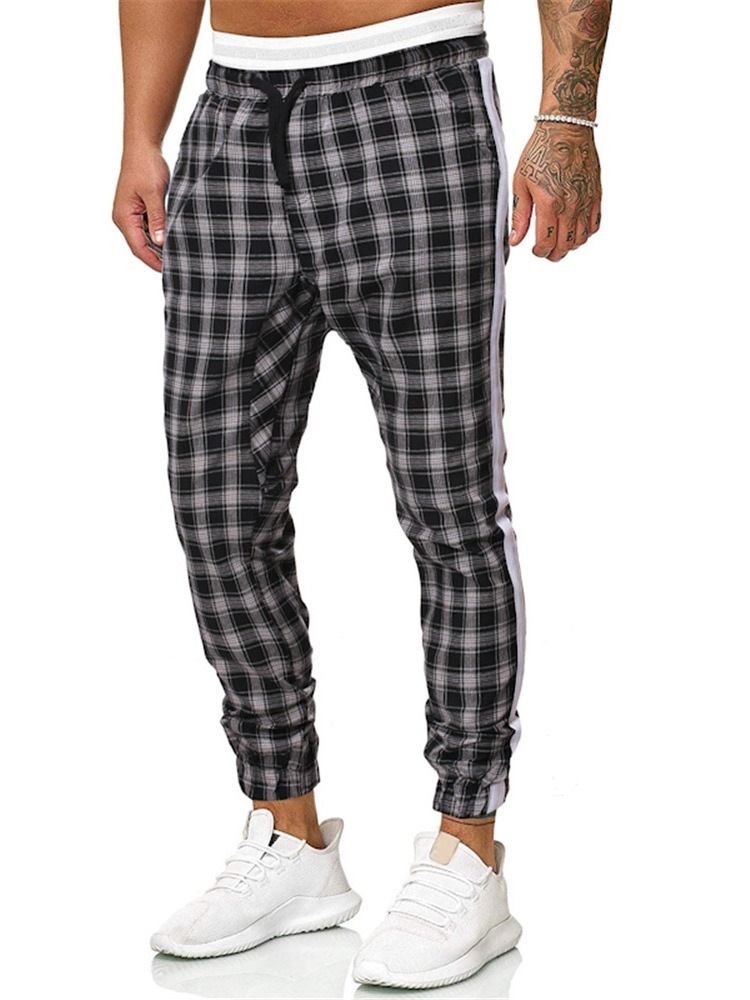 Plaid Print Mid Waist Men's Casual Byxor