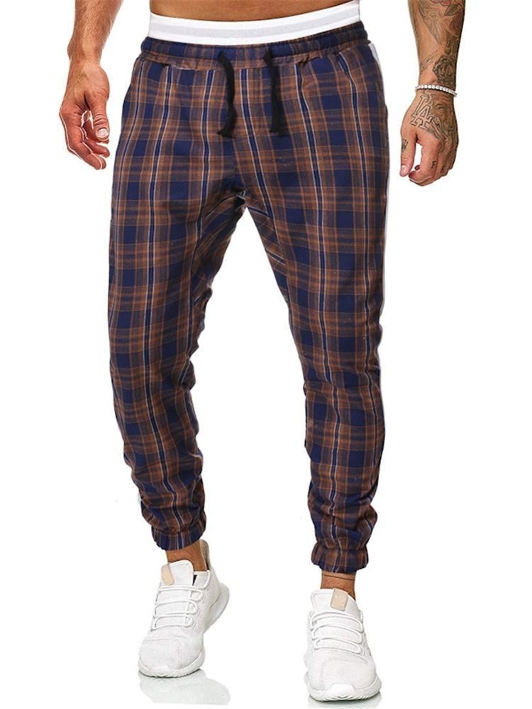 Plaid Print Mid Waist Men's Casual Byxor