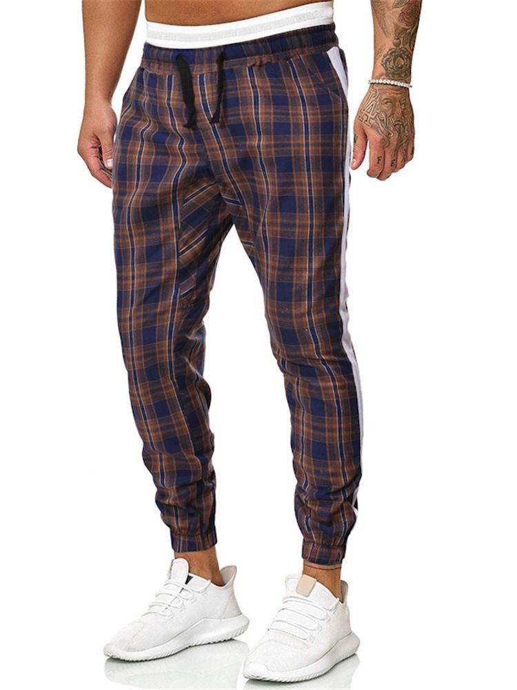 Plaid Print Mid Waist Men's Casual Byxor