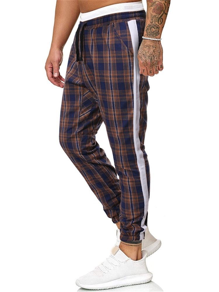 Plaid Print Mid Waist Men's Casual Byxor