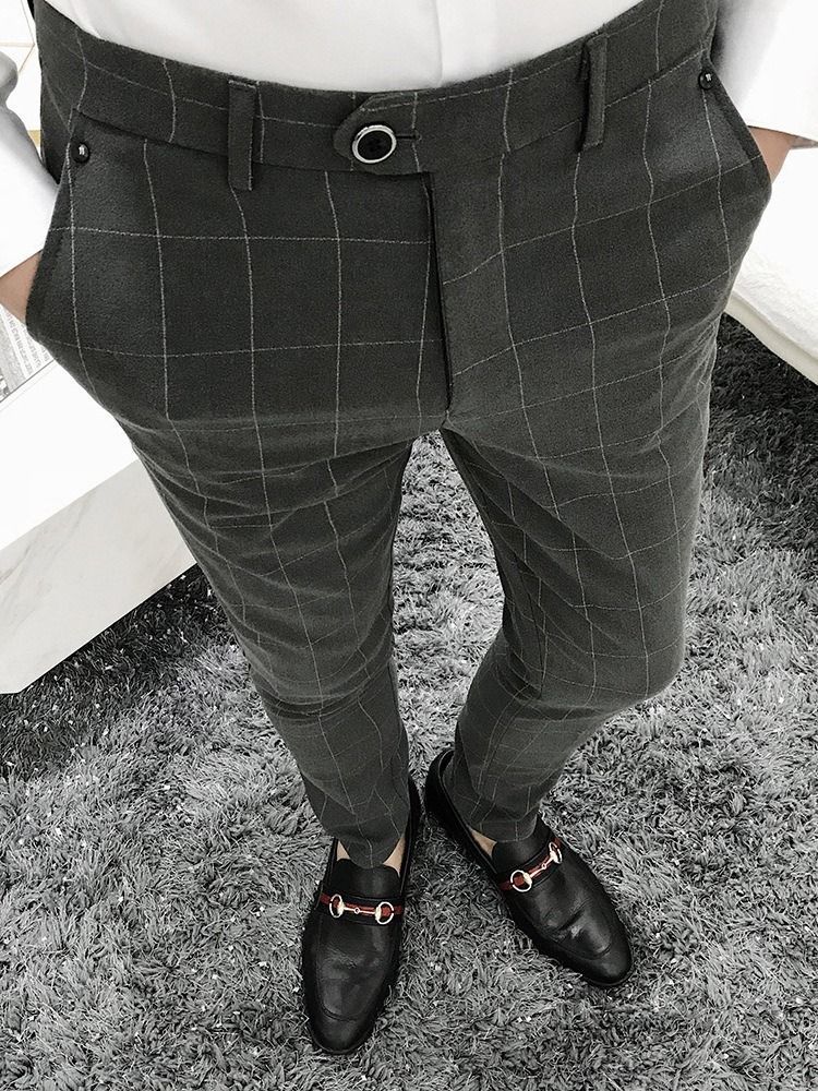 Plaid Straight Pocket Zipper Casual Byxor För Män