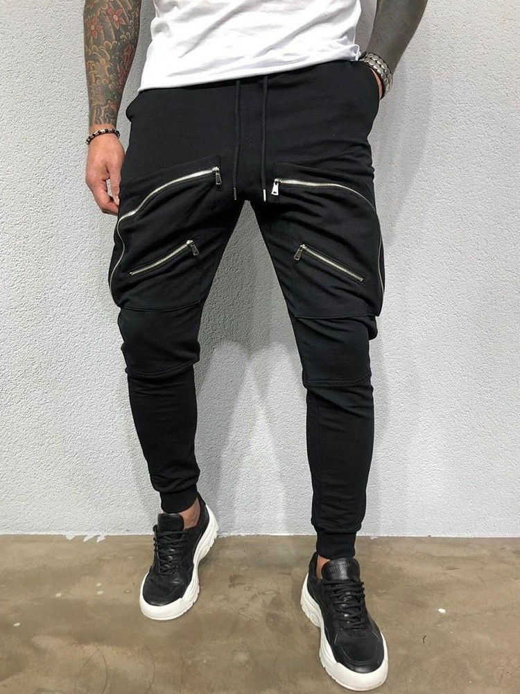 Plain Baggy Zipper Lace-up Mid Waist Men's Casual Pants