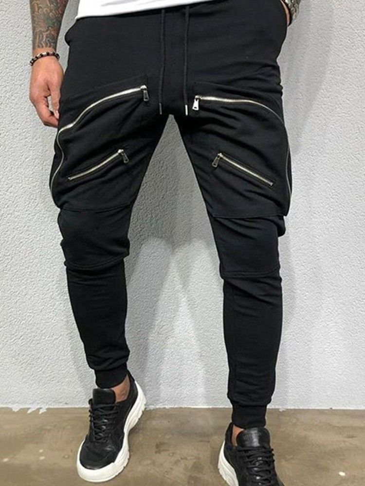 Plain Baggy Zipper Lace-up Mid Waist Men's Casual Pants