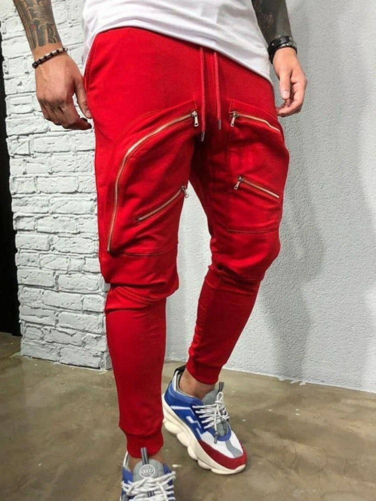 Plain Baggy Zipper Lace-up Mid Waist Men's Casual Pants