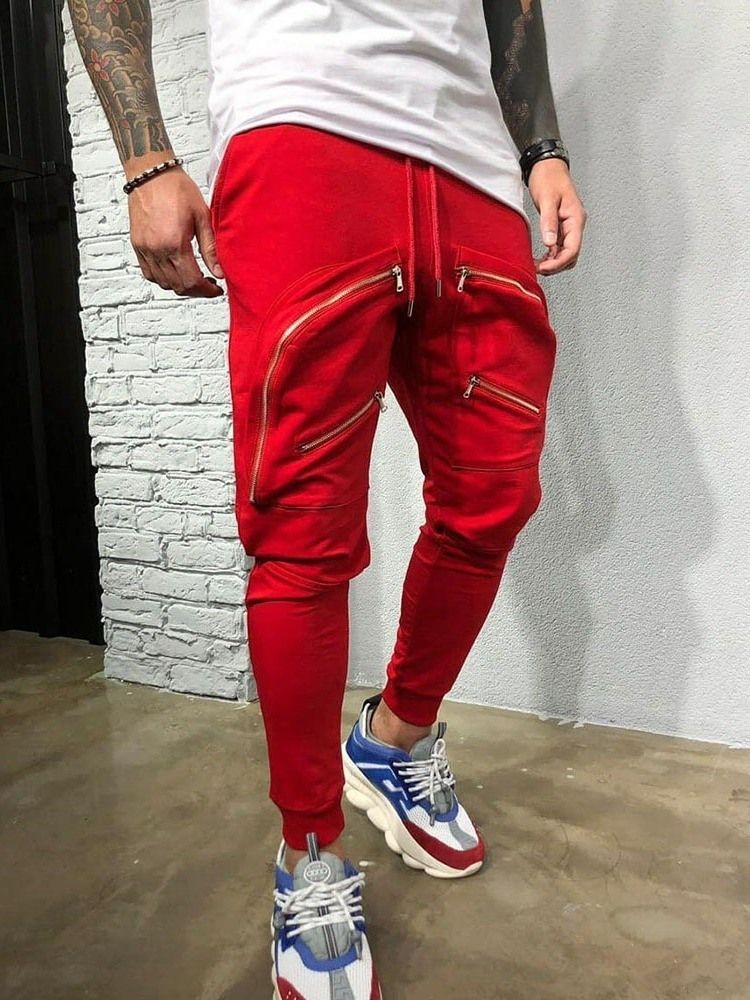 Plain Baggy Zipper Lace-up Mid Waist Men's Casual Pants