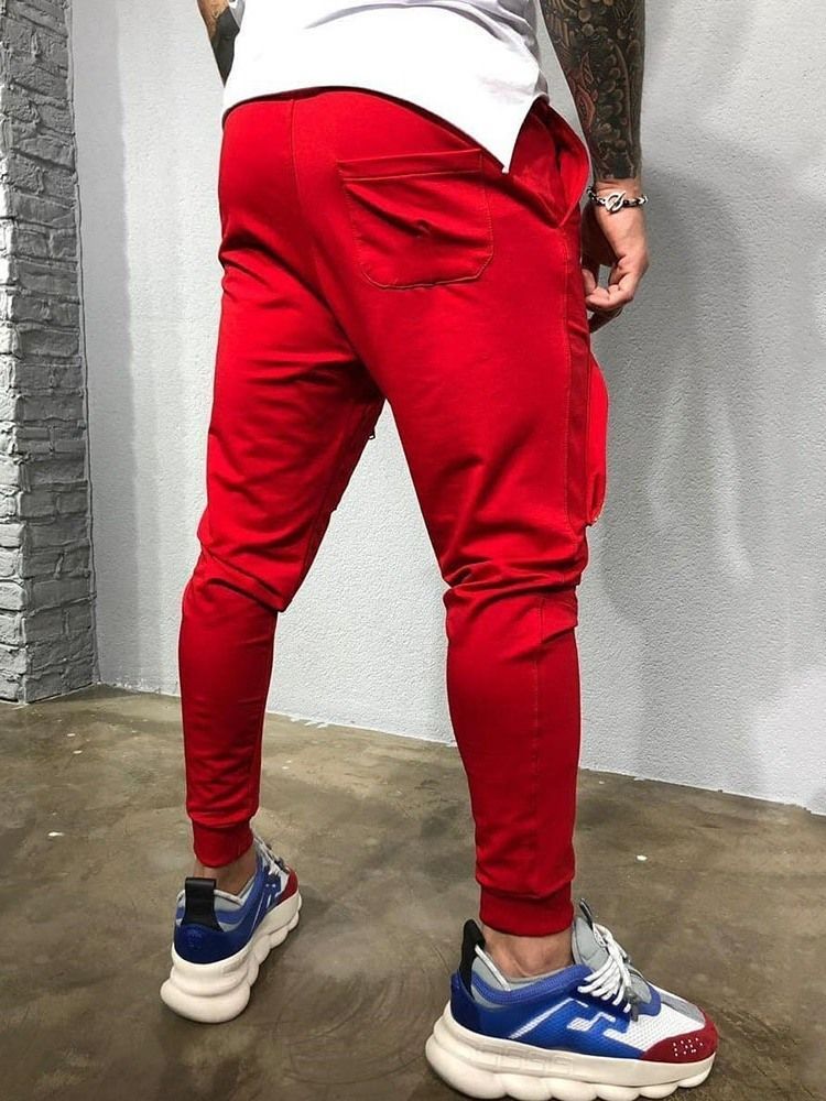 Plain Baggy Zipper Lace-up Mid Waist Men's Casual Pants