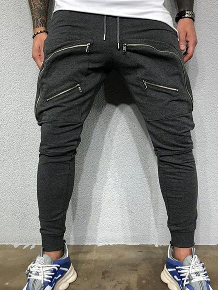 Plain Baggy Zipper Lace-up Mid Waist Men's Casual Pants