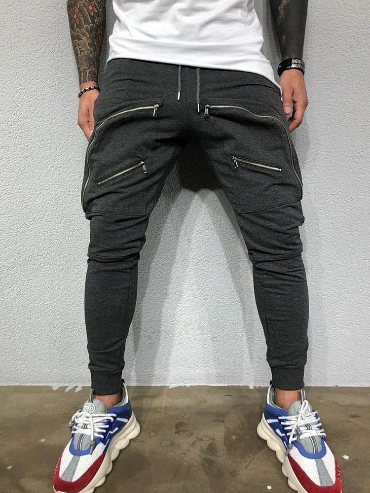 Plain Baggy Zipper Lace-up Mid Waist Men's Casual Pants