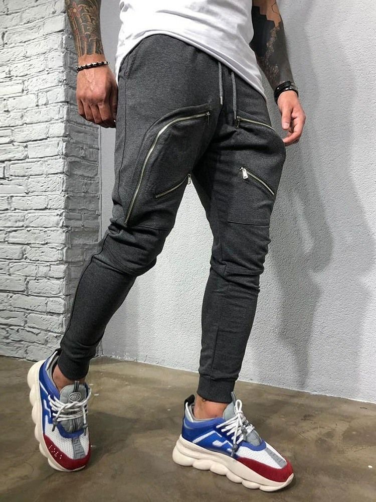 Plain Baggy Zipper Lace-up Mid Waist Men's Casual Pants