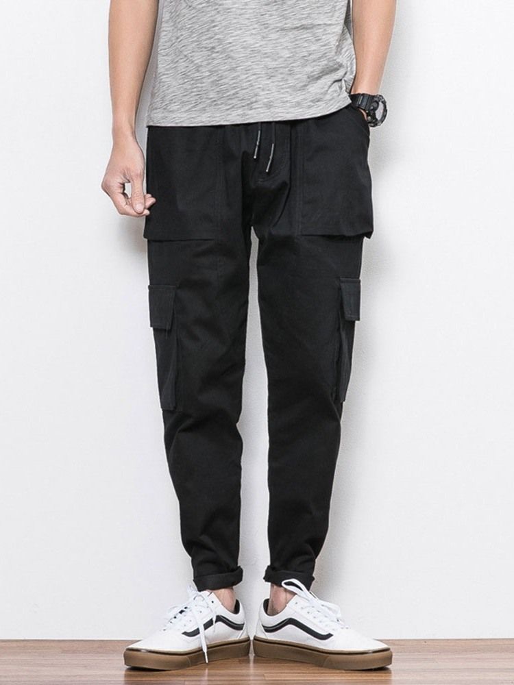 Plain Color Pocket Overall Lace-up Men's Casual Byxor