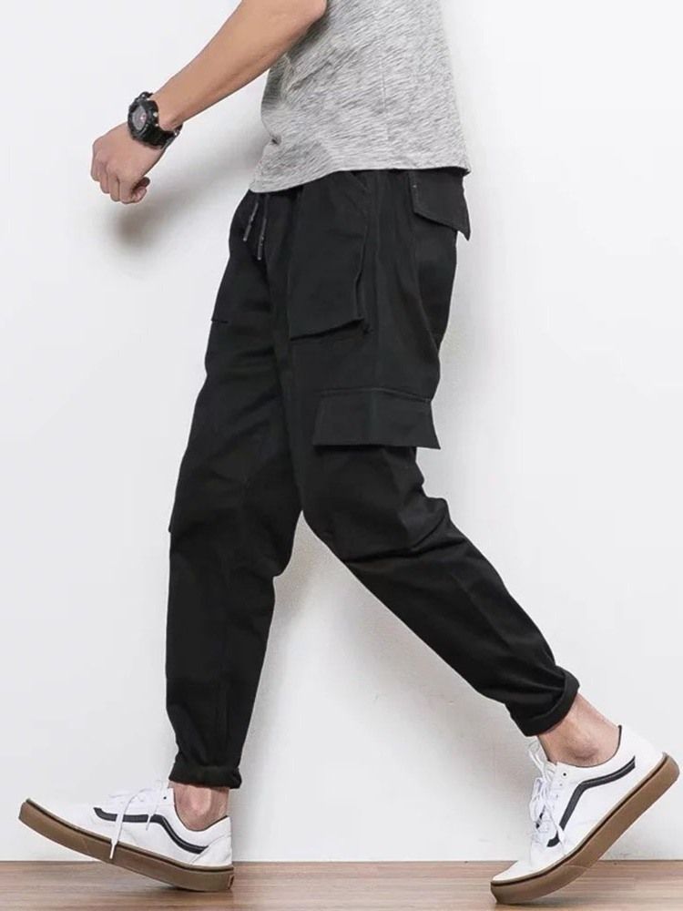 Plain Color Pocket Overall Lace-up Men's Casual Byxor