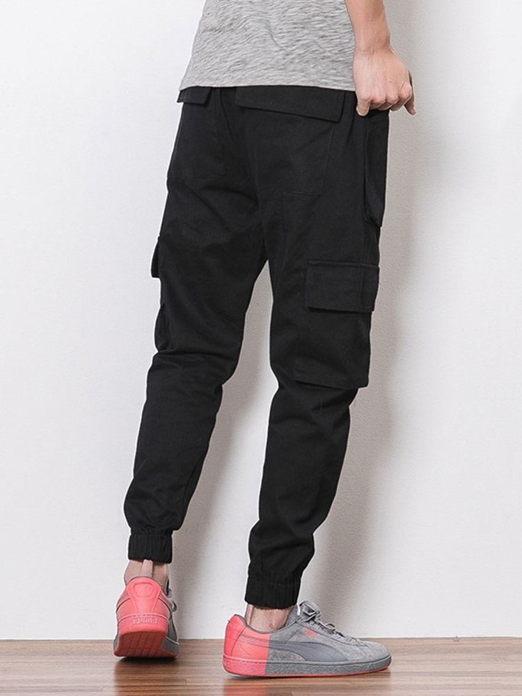 Plain Color Pocket Overall Lace-up Men's Casual Byxor