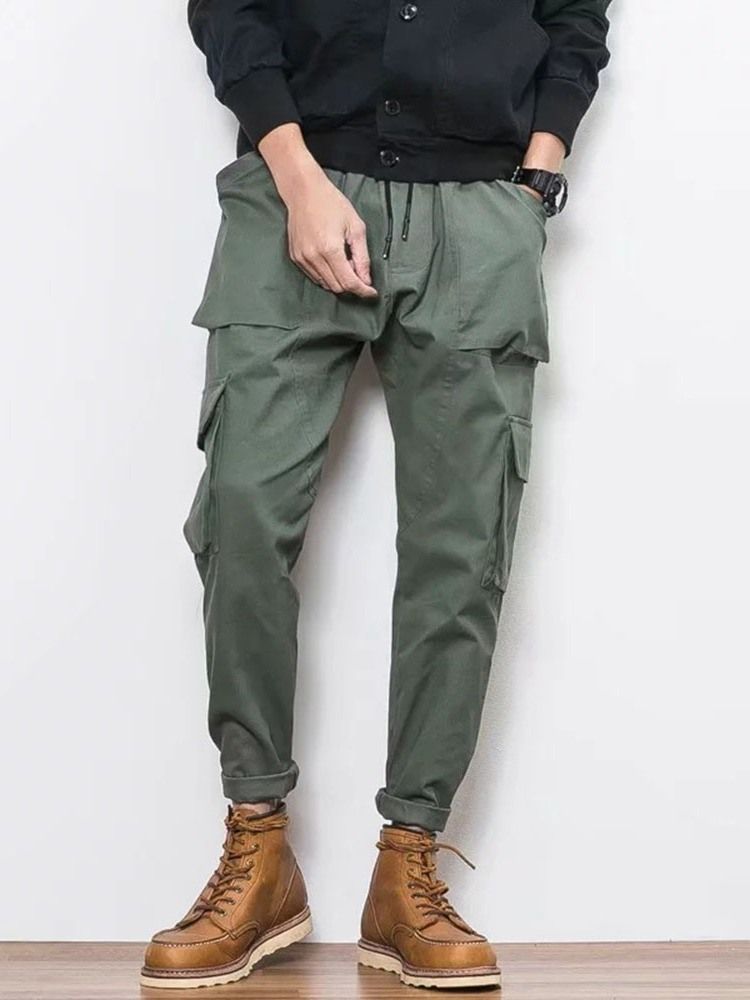 Plain Color Pocket Overall Lace-up Men's Casual Byxor