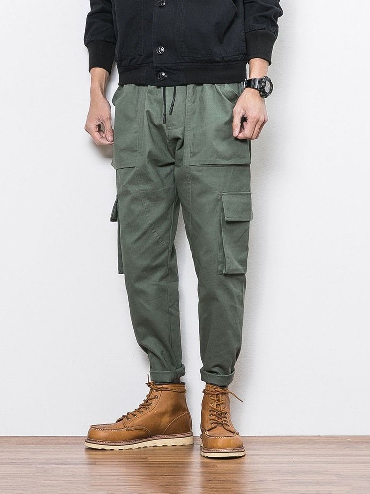 Plain Color Pocket Overall Lace-up Men's Casual Byxor