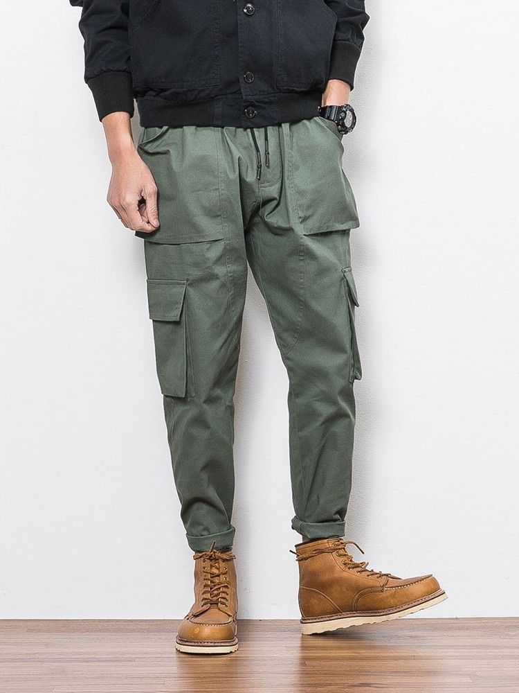 Plain Color Pocket Overall Lace-up Men's Casual Byxor