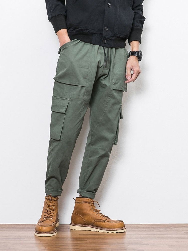 Plain Color Pocket Overall Lace-up Men's Casual Byxor