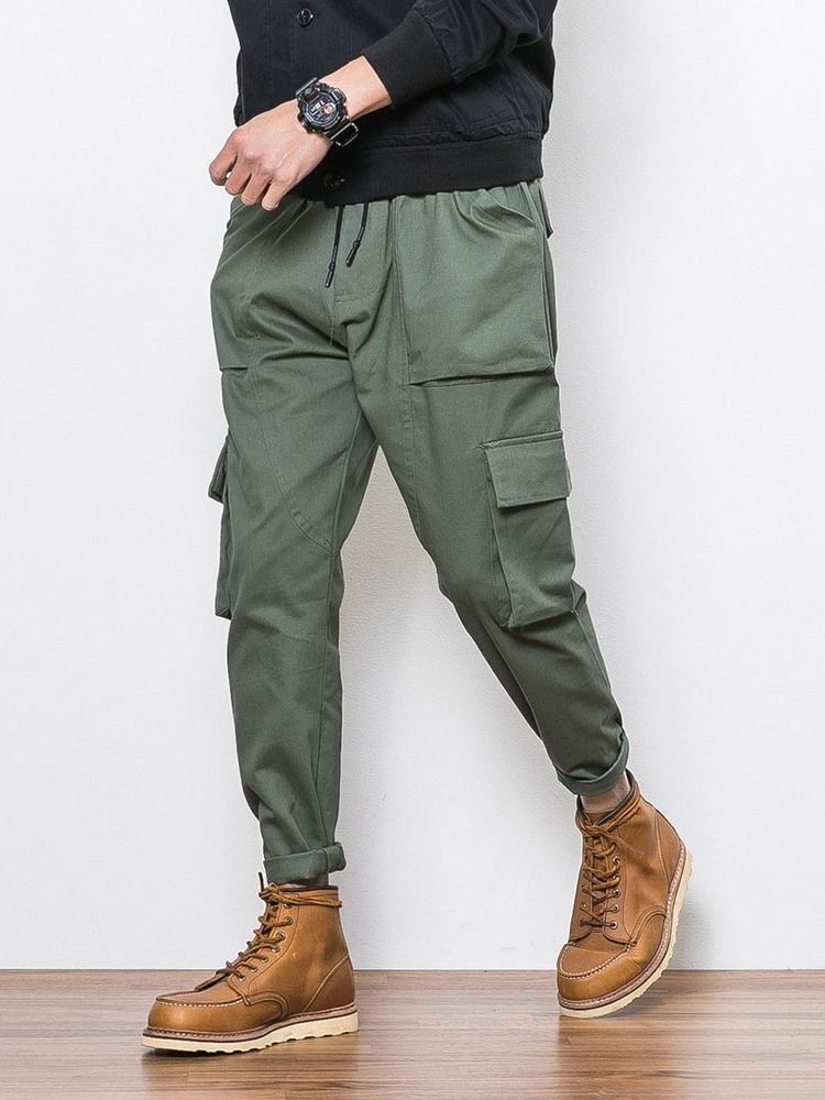 Plain Color Pocket Overall Lace-up Men's Casual Byxor