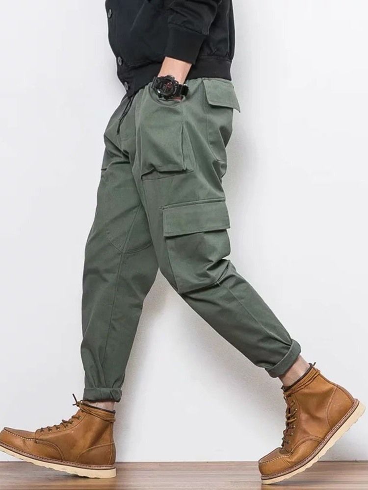 Plain Color Pocket Overall Lace-up Men's Casual Byxor