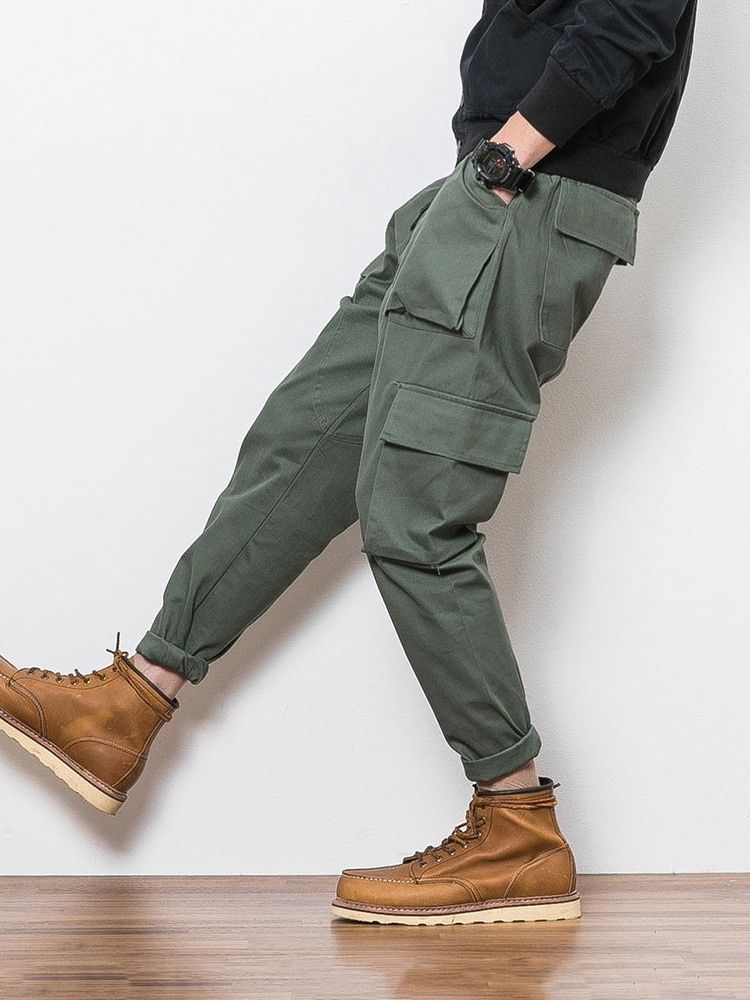 Plain Color Pocket Overall Lace-up Men's Casual Byxor