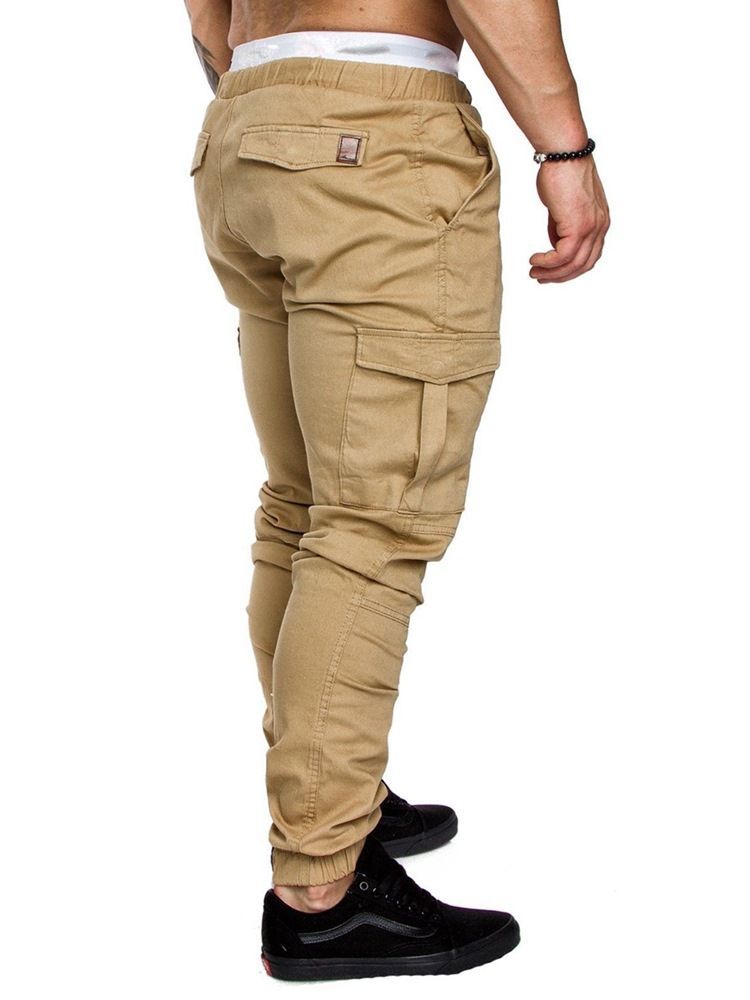 Plain Khaki Lace Up Pocket Mens Casual Byxor