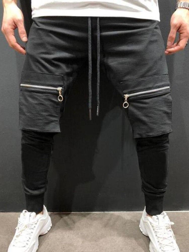 Plain Pencil Pants Lace-up Mid Waist Men's Casual Pants