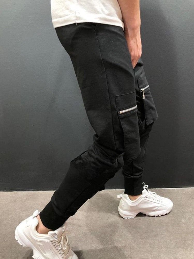 Plain Pencil Pants Lace-up Mid Waist Men's Casual Pants