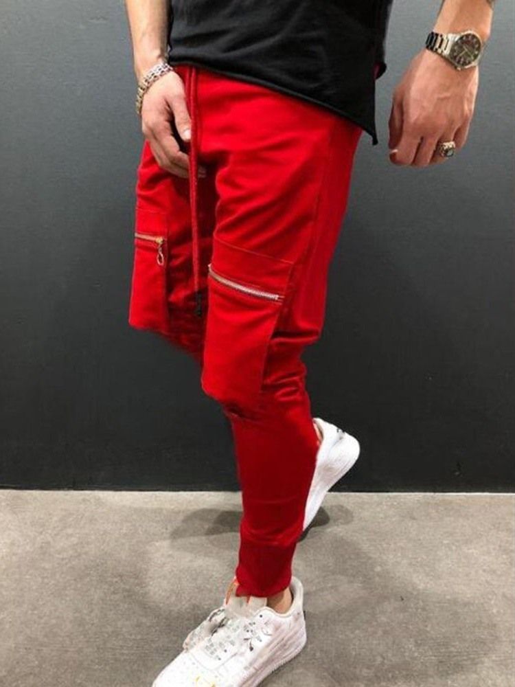 Plain Pencil Pants Lace-up Mid Waist Men's Casual Pants