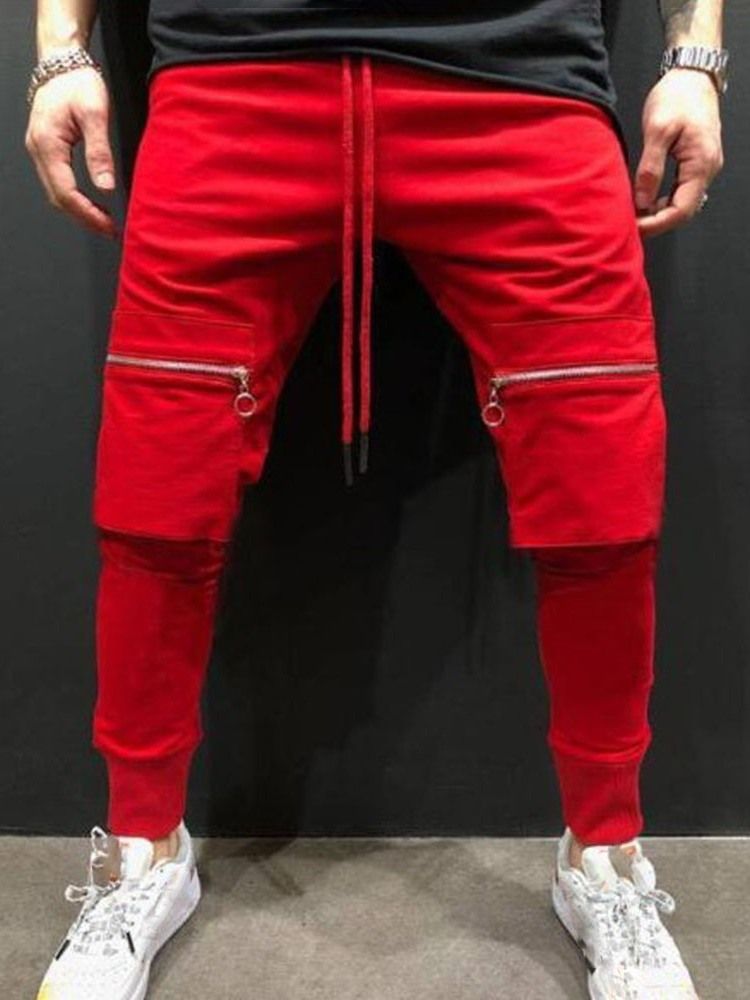 Plain Pencil Pants Lace-up Mid Waist Men's Casual Pants