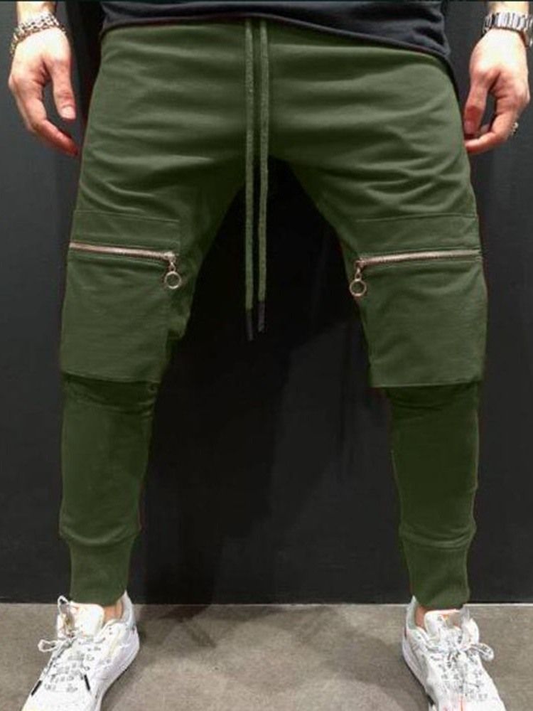 Plain Pencil Pants Lace-up Mid Waist Men's Casual Pants