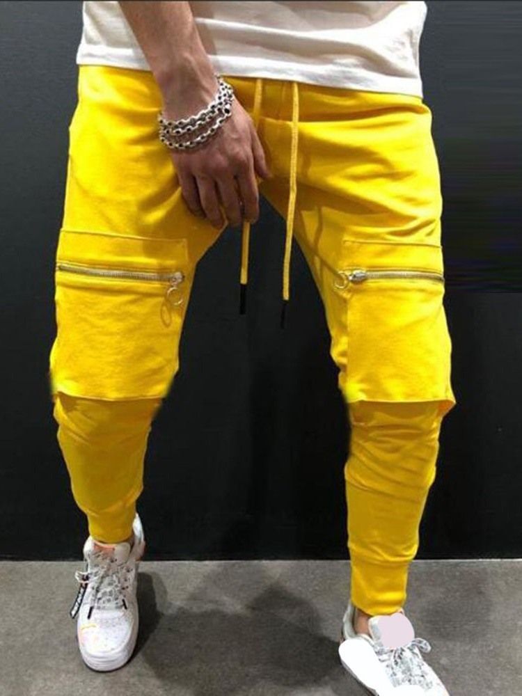 Plain Pencil Pants Lace-up Mid Waist Men's Casual Pants