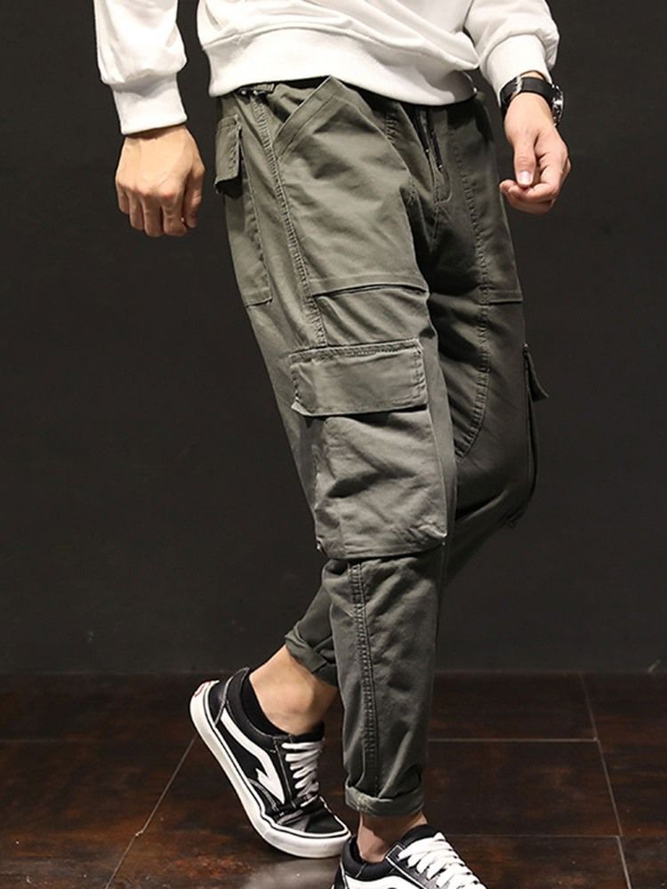 Plain Pocket Mid Waist Lace-up Men's Casual Byxor