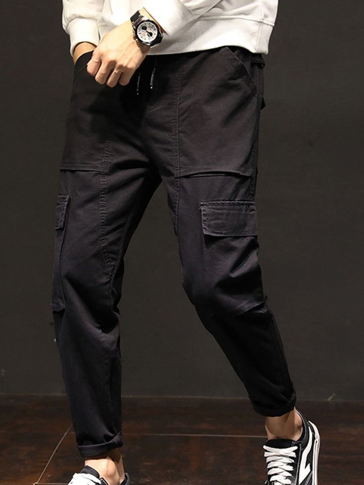 Plain Pocket Mid Waist Lace-up Men's Casual Byxor