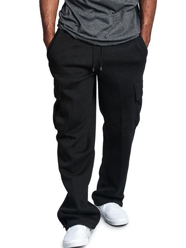 Plain Pocket Straight Mid Waist Lace-up Casual Men's Pants