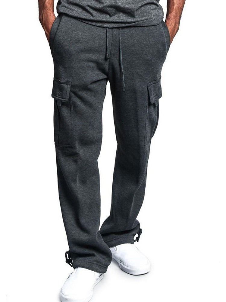 Plain Pocket Straight Mid Waist Lace-up Casual Men's Pants