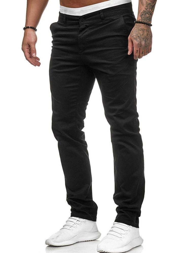 Plain Pocket Straight Zipper Casual Herrbyxor