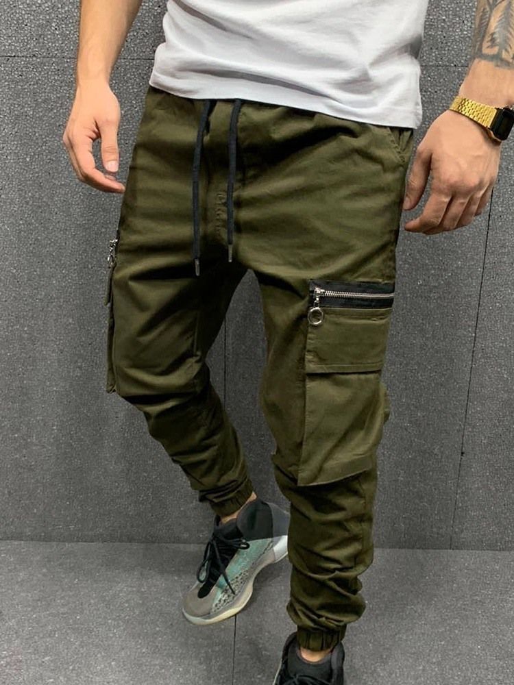 Pocket Pencil Pants Plain Mid Waist Men's Casual Pants