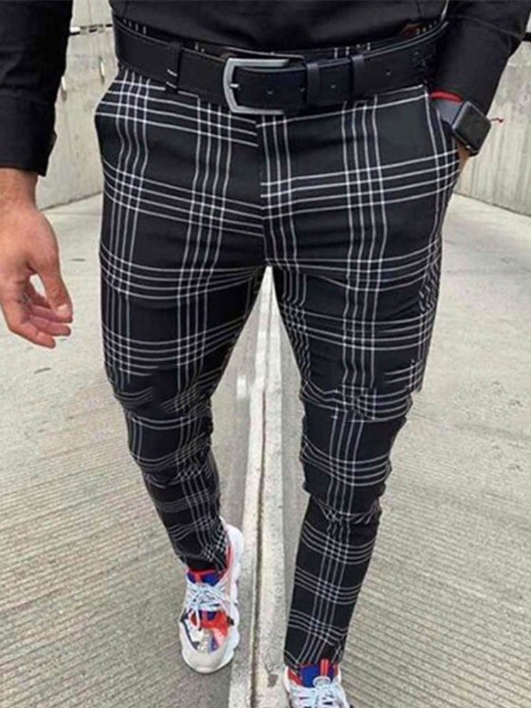 Pocket Pencil Plaid Zipper Mid Waist Men's Casual Pants