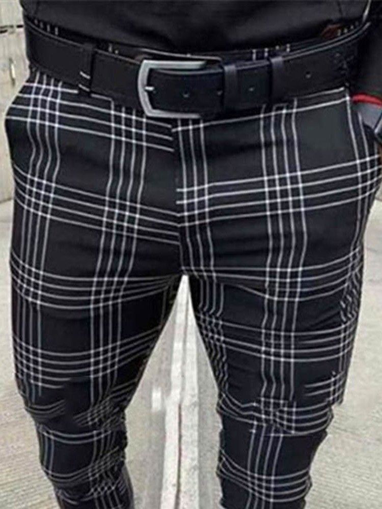 Pocket Pencil Plaid Zipper Mid Waist Men's Casual Pants